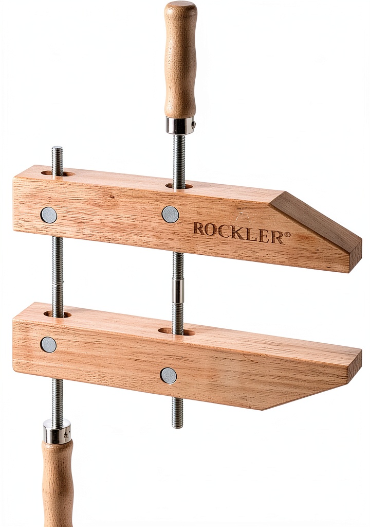 Rockler wooden handscrew clamp in use on a workbench